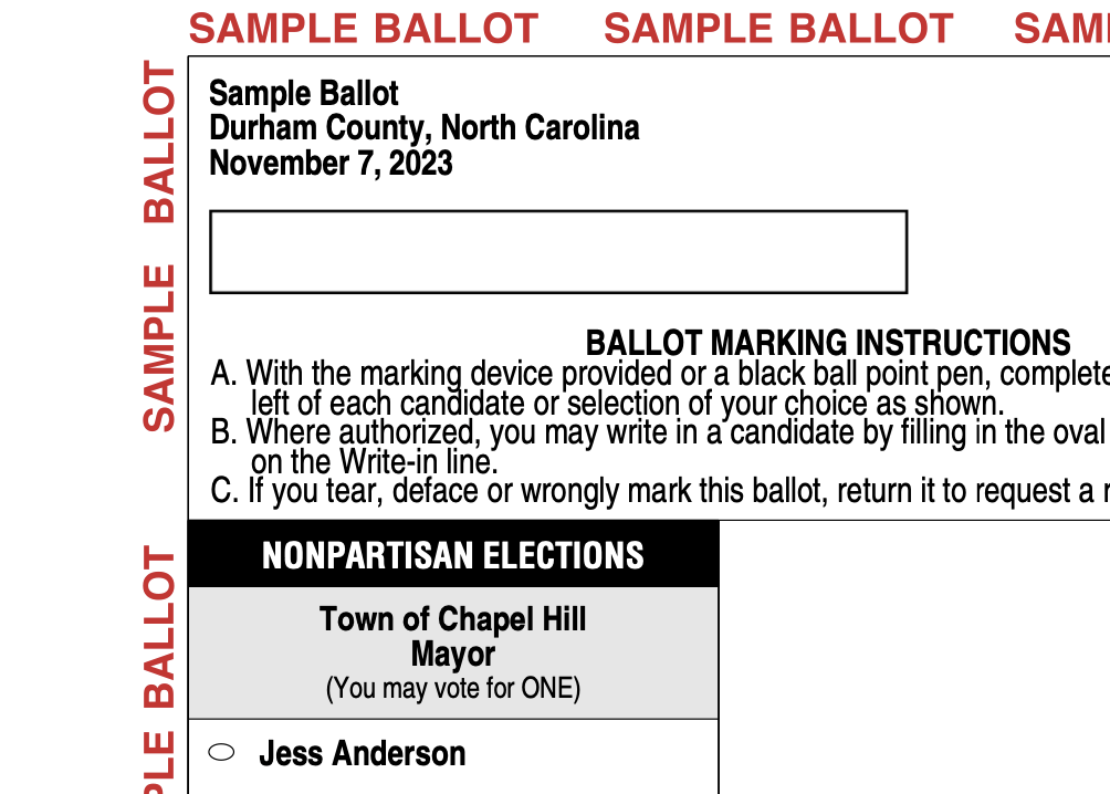 Excerpt of the sample ballot for a Town of Chapel Hill resident living in Durham County.